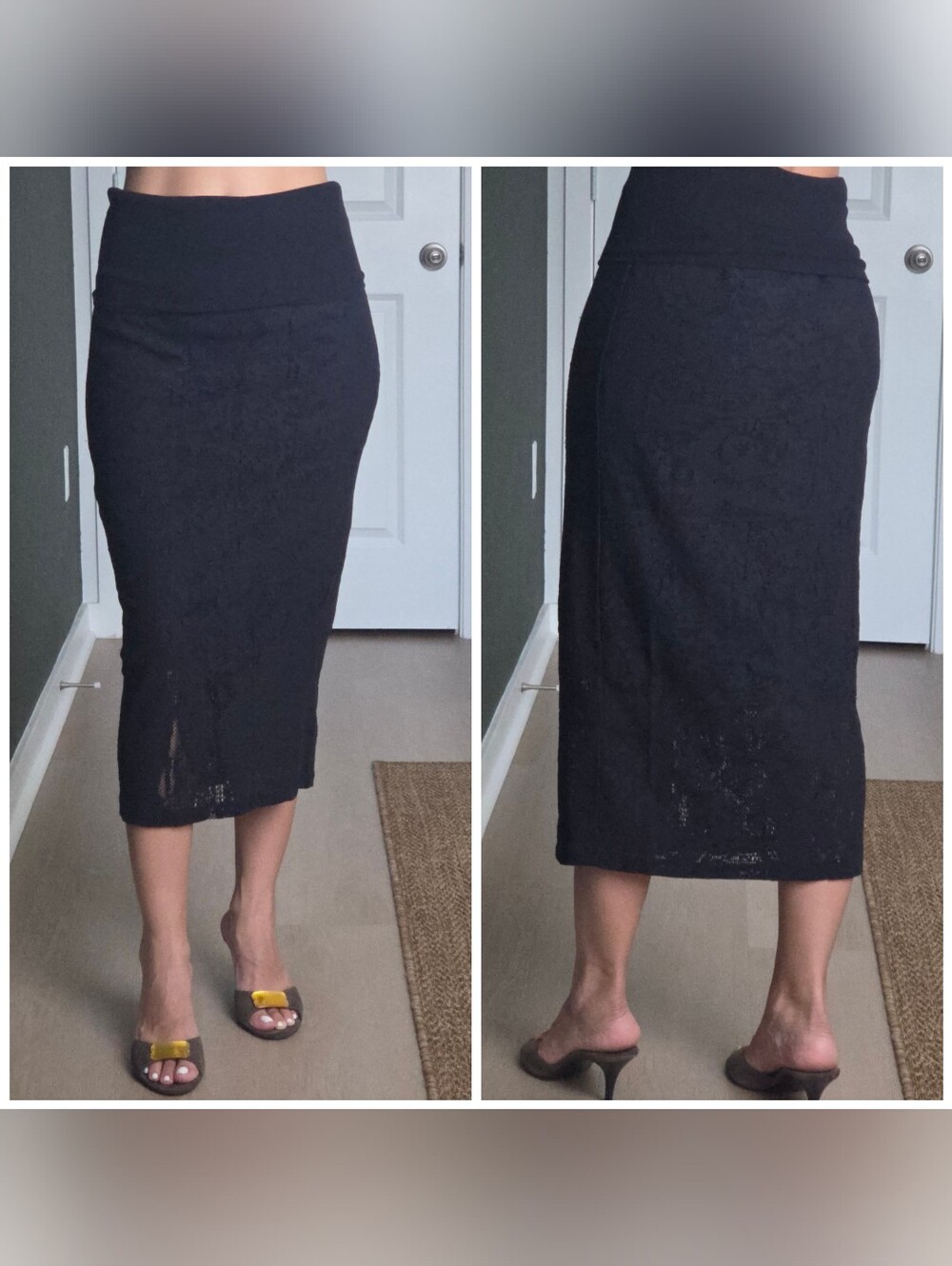 FUZZY Midi Lace Skirt Foldower Waistband, Medium/Large, Black, Stretchy, Italy